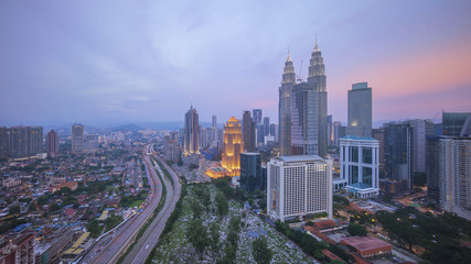 Fototapeta na wymiar Aerial view of beautiful sunset blue hour at Kuala Lumpur city skyline