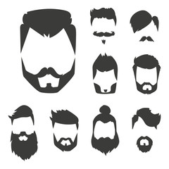 Vector set of hipster retro hair style mustache vintage old shave male facial beard haircut isolated illustration