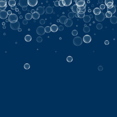 Random soap bubbles. Scatter top gradient with random soap bubbles on deep blue background. Vector illustration.