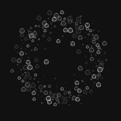 Soap bubbles. Circle frame with soap bubbles on black background. Vector illustration.