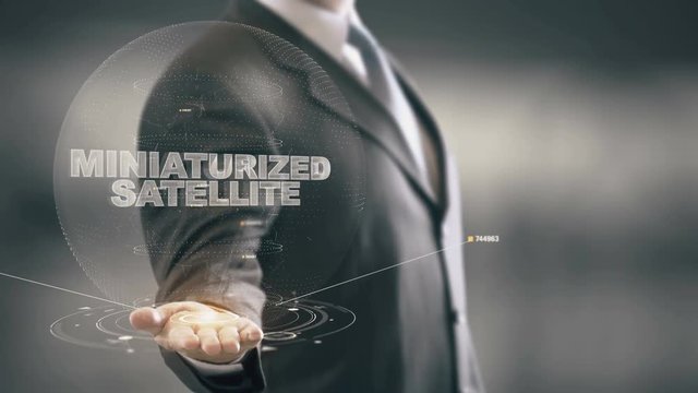 Miniaturized Satellite with hologram businessman concept