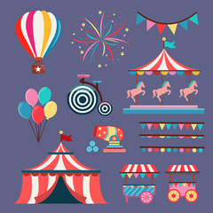 Flat Set of Circus elements isolated on white, Black contour for coloring