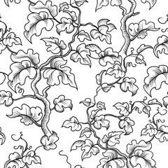 Floral seamless pattern. Grape plant branch, leaves. Flourish background