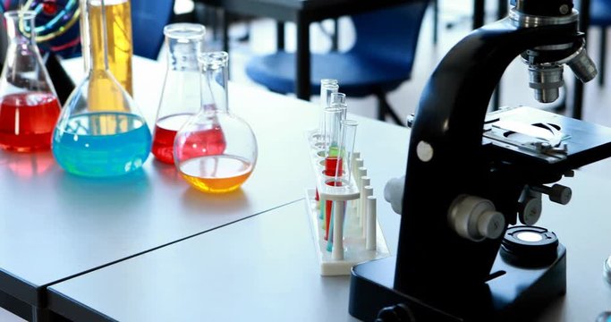 Experiment equipments on bench in classroom