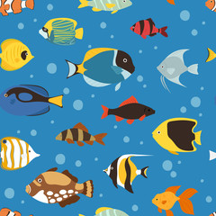 Naklejka premium Exotic tropical fish underwater ocean or aquarium aquatic nature seamless pattern background vector