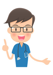 ポイントを説明する青い服を着た医者　上半身