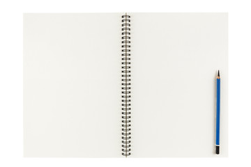 open blank sketchbook with pencil isolated on white background