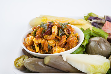 shrimp paste chili sauce with blanching vegetables, food