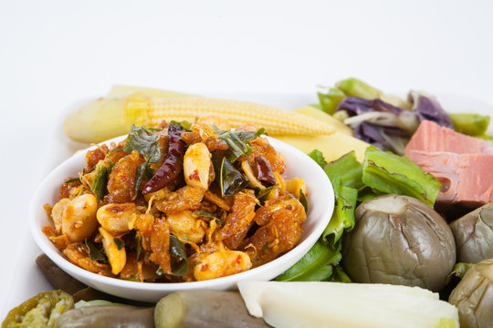 shrimp paste chili sauce with blanching vegetables, food