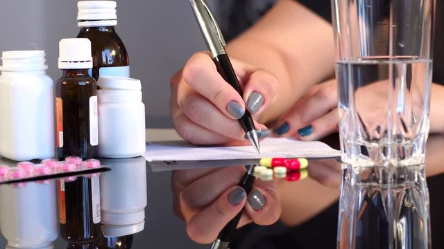 Close-up woman writes out a prescription, in the foreground a pills and a glass of water.
