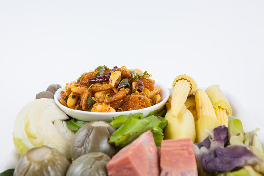 shrimp paste chili sauce with blanching vegetables, food