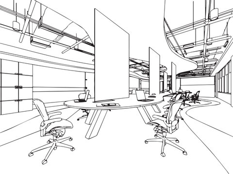 interior outline sketch drawing perspective office