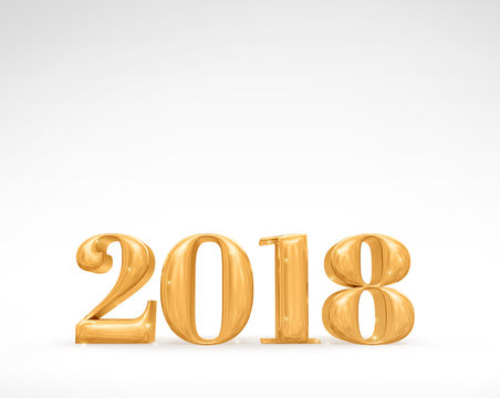 2018 new year glossy gold number (3d rendering) on white studio room,Holiday card,Leave space for adding text.