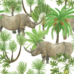 Obraz premium Akwarela malarstwo wzór z nosorożca, palmy zdobione Vintage kolorowe ręcznie rysowane ilustracji
