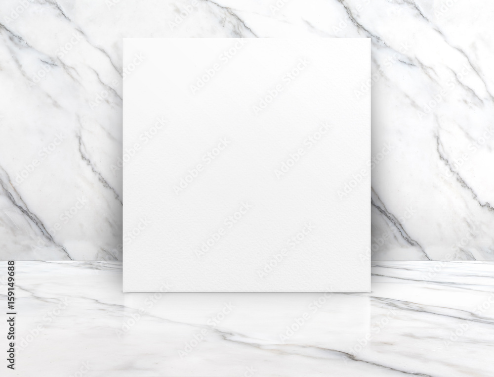 Poster blank white poster canvas in white glossy marble floor leaning at wall,mock up template for display 