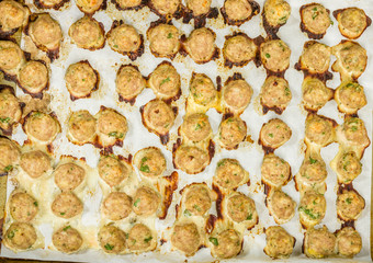 Baked meat balls on pan ready to serve