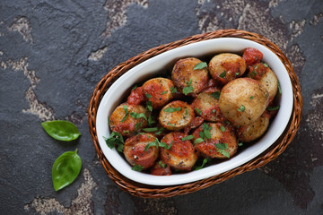 Sicilian whole baked potato, view from above on a brown stone background, studio shot