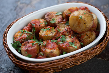 Sicilian style whole baked potato with tomato sauce and chopped parsley, closeup