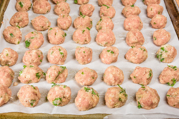 Raw formed meat balls ready to bake