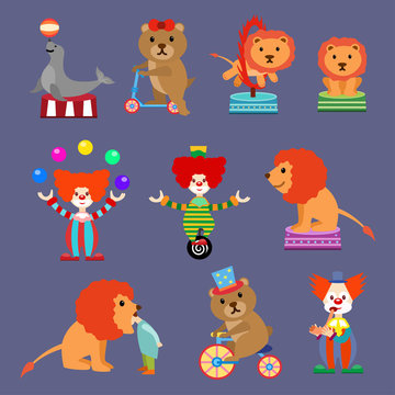 Flat Set Of Circus Animals And Clowns