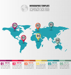 Naklejka premium Flat World Map infographic Template With Number Pointer Marks, Infographic Concept