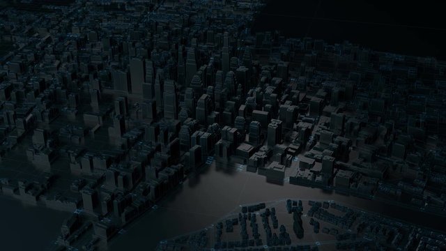 
3d render of digital city. Abstract urban background. Scyscrappers and small towns with wireframe details. Loop.
