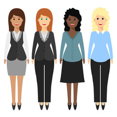 Beautiful smiling women in different style clothes, isolated on white background. Women dress code illustration. Icons, avatars. 