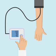Patient checking arterial blood pressure. High blood pressure concept illustration. Measuring, monitoring health. Diagnose hypertension, heart. Digital device tonometer. Medical equipment. 