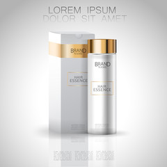 Premium 3d realistic hair essence bottle and stylish box with gold elements. Vector illustration.