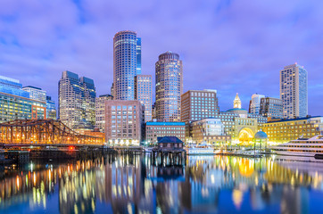 Boston, Massachusetts, USA harbor skyline.