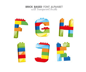 Alphabet created from playing bricks with some transparent elements.