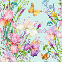 seamless pattern .irises flowers and yellow butterfly.exotic print fabric,Wallpaper.watercolor illustration.