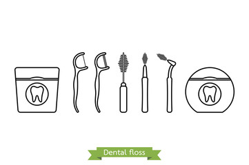 set of dental floss type - cartoon vector outline style