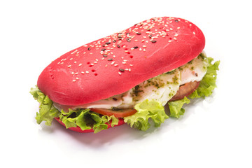 Colored sandwich with salad, cheese isolated