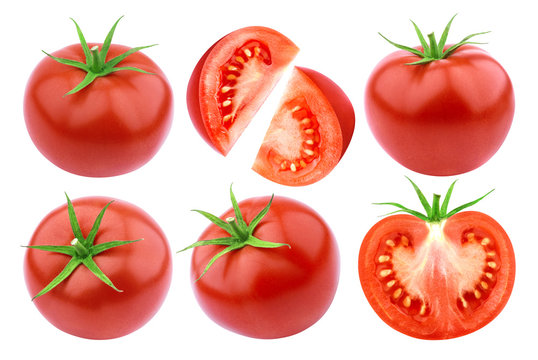 Tomatoes isolated. Fresh cut tomato set isolated on white background with clipping path