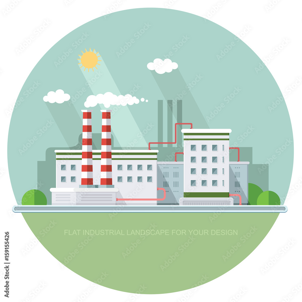 Wall mural industry manufactory building. Factories producing oil and gas, metals and rubber, energy and power. Destroys nature. Icon of eco friendly factories. Flat Vector background illustration