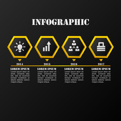 Modern elegant hexagon four options infographic with icons. Data vector illustration on black background. 4 steps for business, workflow