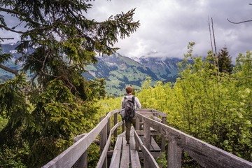 Wanderer auf Holzsteg im wiederaufgeforsteten Naturschutzgebiet