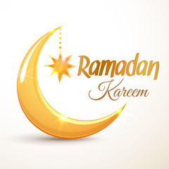 Ramadan Kareem greeting card. Islamic golden crescent moon and star. Illustration for muslim holy month Ramadan. Vector