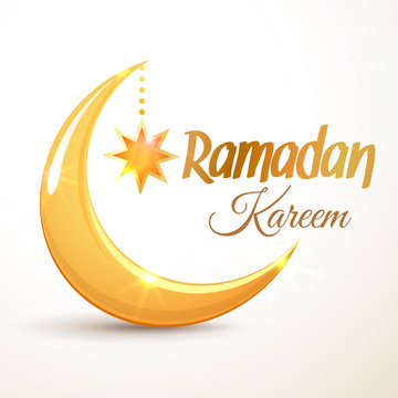 Ramadan Kareem greeting card. Islamic golden crescent moon and star. Illustration for muslim holy month Ramadan. Vector