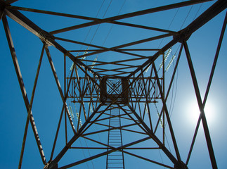 View from below on the support of the high-voltage line