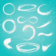 Obraz premium set of milk splashes vector isolated over blue background. pouring white liquid or dairy products. Cream, yogurt fall with drops and blots. 3d illustration.