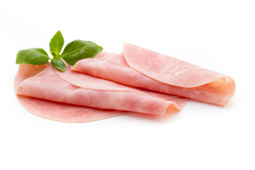 Thin slices of ham on white background.