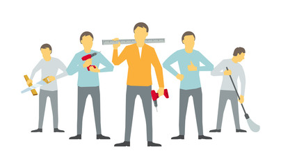 Men are carpenters, team of workers. Five handymen. Husband for an hour.