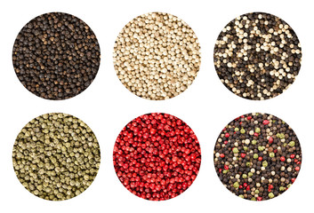 Six variations of peppercorns in circles over white background. Black, white, green and pink pepper. Dried berries of Piper nigrum and Schinus terebinthifolia used as spice and seasoning. Food photo.