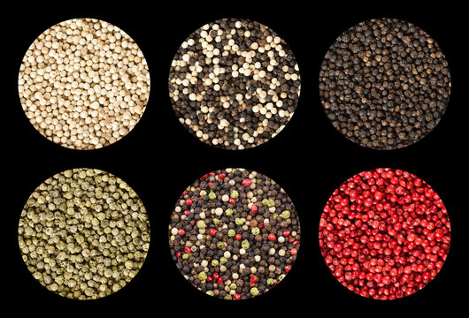 Six variations of peppercorns in circles over black background. Black, white, green and pink pepper. Dried berries of Piper nigrum and Schinus terebinthifolia used as spice and seasoning. Food photo.
