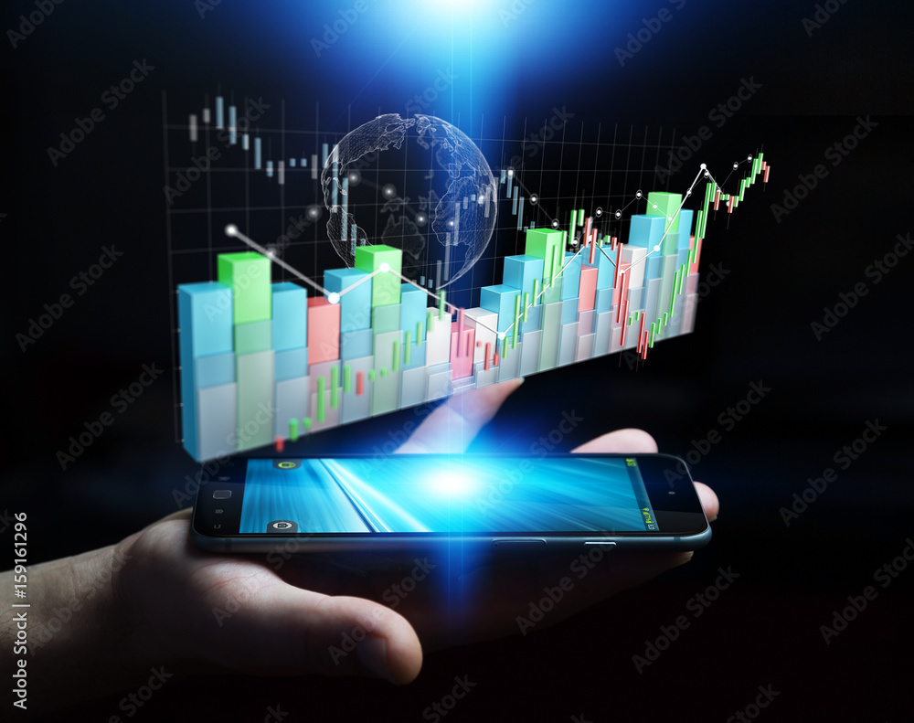 Poster businessman using digital 3d rendered stock exchange stats and charts