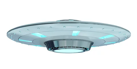 Fotobehang Vintage UFO geïsoleerd op een witte achtergrond 3D-rendering © sdecoret