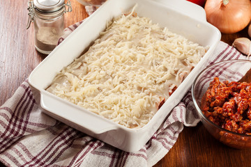 Cannelloni stuffed with meat cooked in a casserole dish ready fo