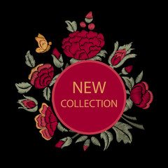 New collection. Bright poster. Embroidered flowers. Fashion design.